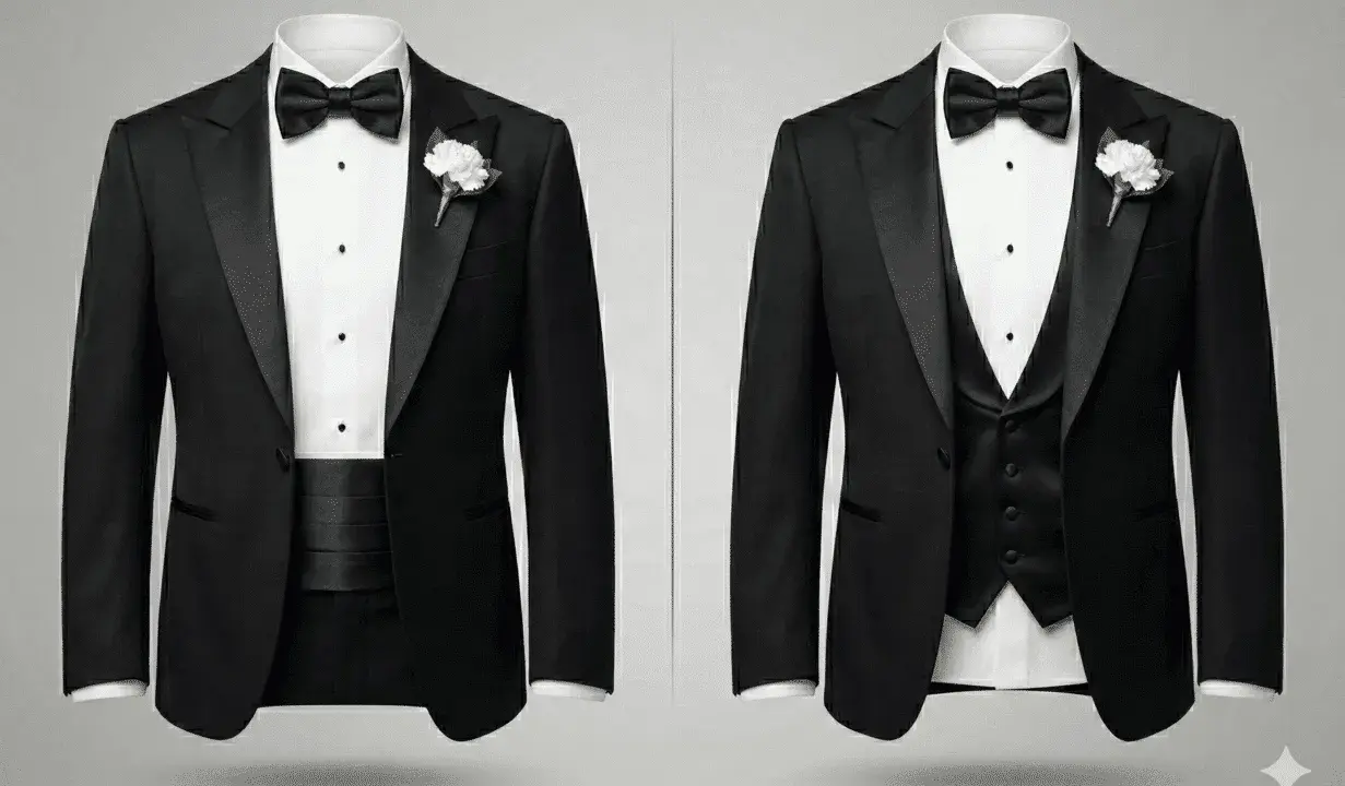 Two tuxedos shown. Left: tuxedo with cummerbund. Right: tuxedo with vest, demonstrating how to wear a tuxedo vest.
