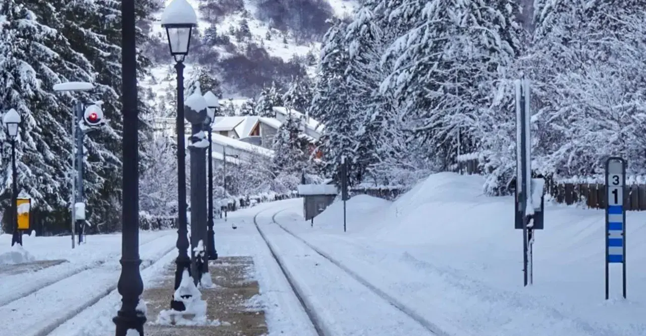 Stazione innevata, binari coperti di neve, lampioni e alberi imbiancati. Un paesaggio da **campo di Giove** in inverno.