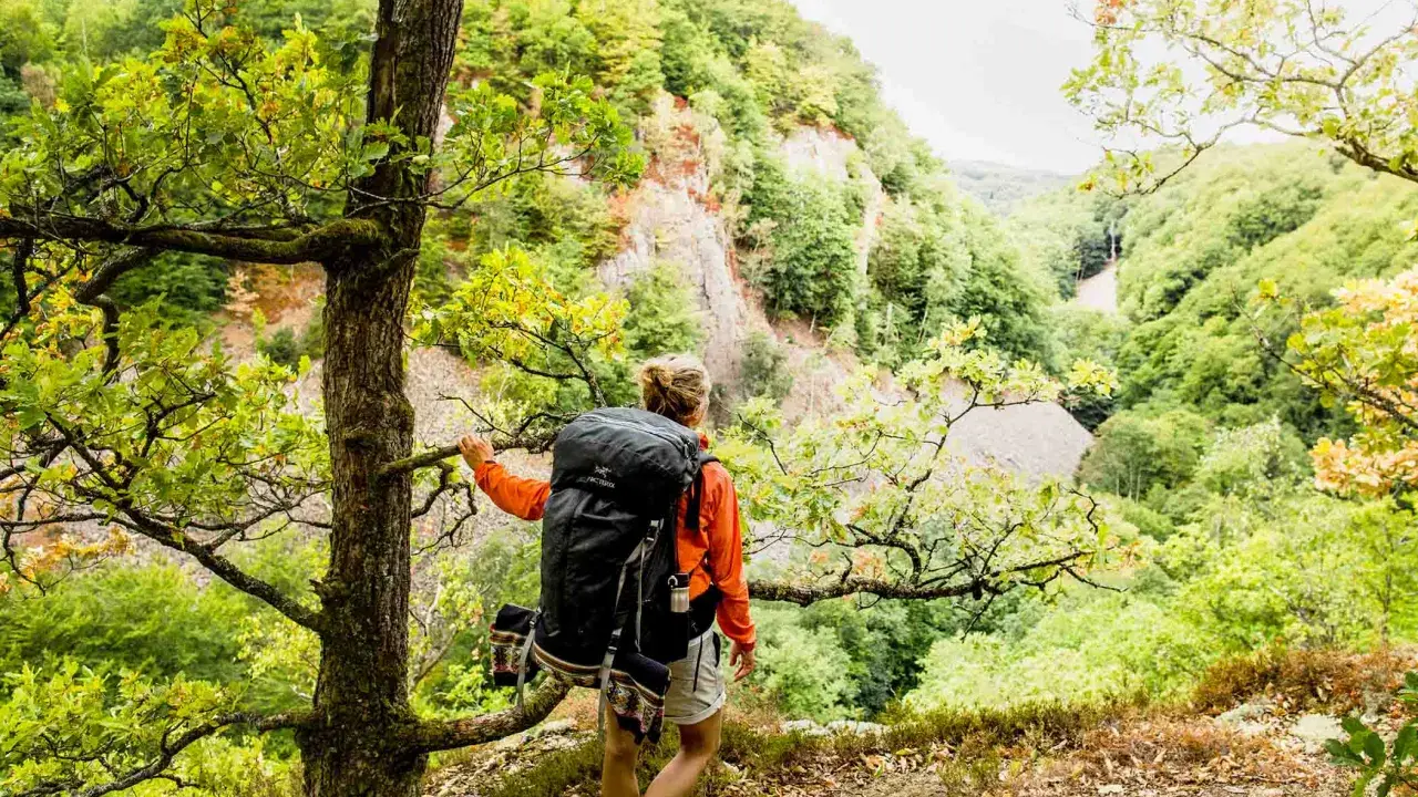 Vandrare med stor ryggsäck på en av STF:s signaturleder, omgiven av grönskande skog och en klippig ravin.