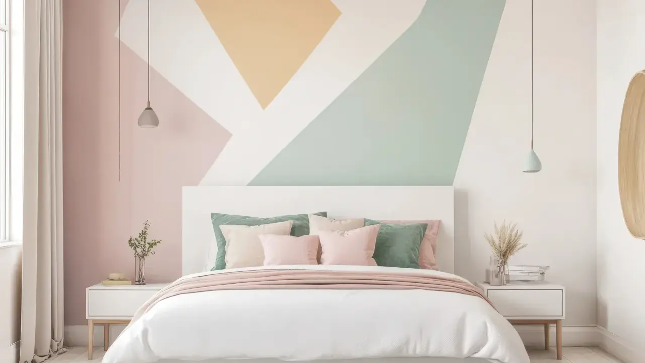 Camera da letto con letto bianco, cuscini rosa e verdi, e un'audace decorazione geometrica color block pareti con sfumature pastello.