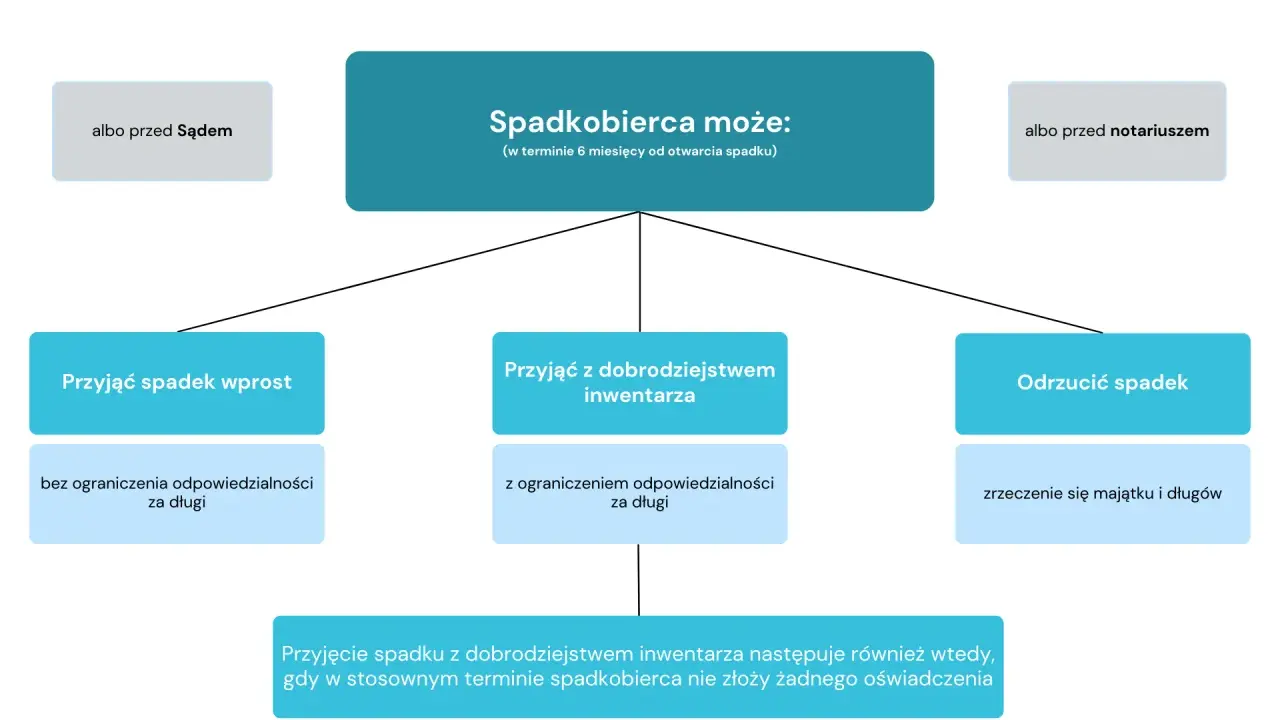 Spadkobierca może przyjąć spadek wprost, z dobrodziejstwem inwentarza lub odrzucić spadek, co oznacza zrzekanie się długów.