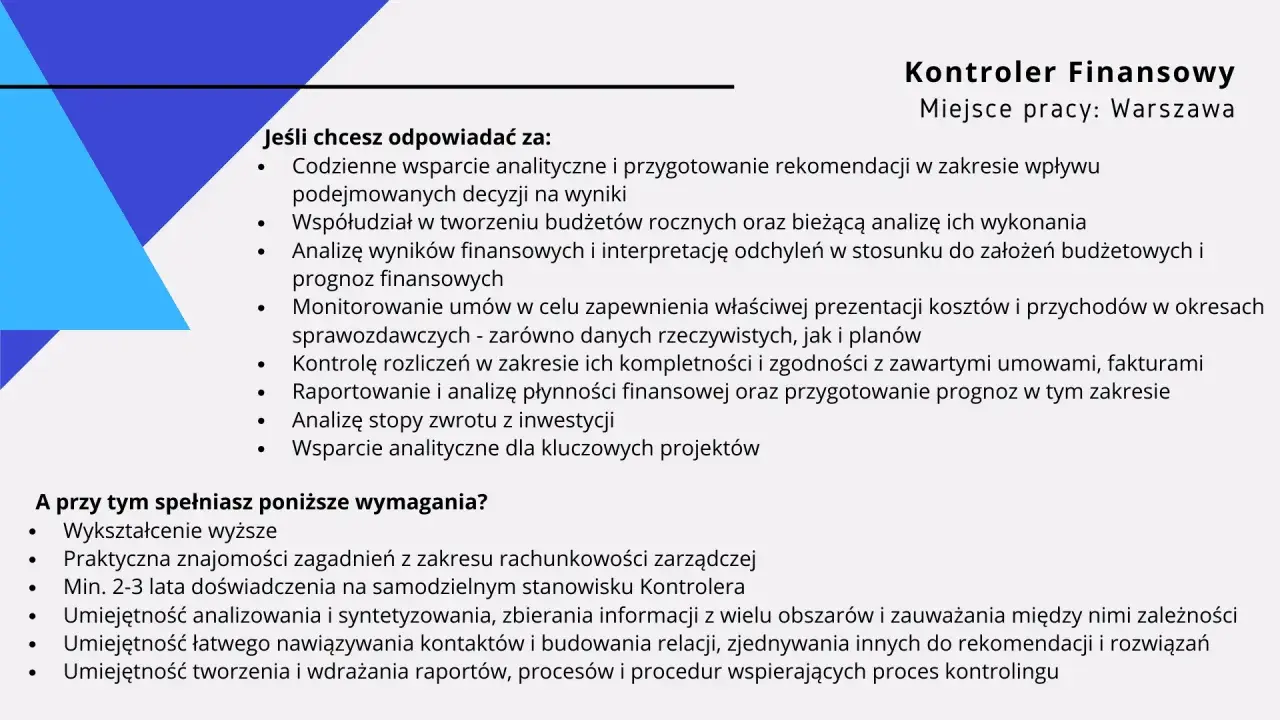 Kontroler finansowy analizuje wyniki, tworzy budżety, monitoruje umowy i wspiera projekty. Potrzebne wykształcenie wyższe i doświadczenie.