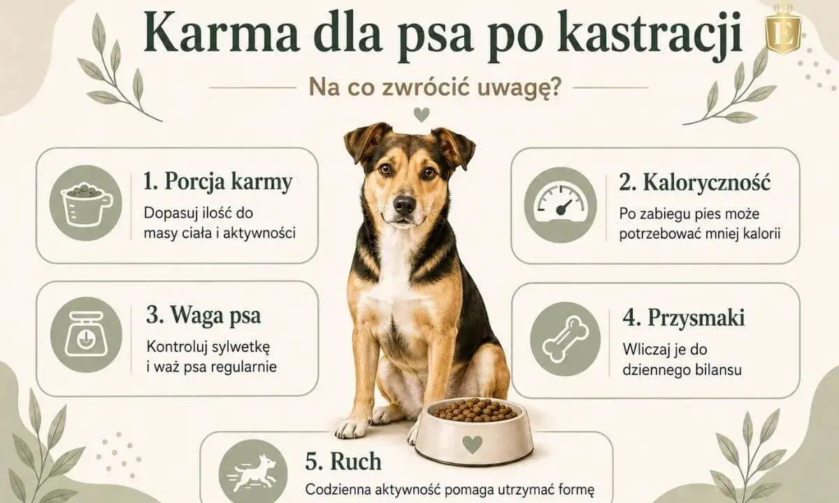 Uroczy piesek przy misce z karmą. Porady dotyczące żywienia psa po kastracji: porcja, kaloryczność, waga, przysmaki i ruch.