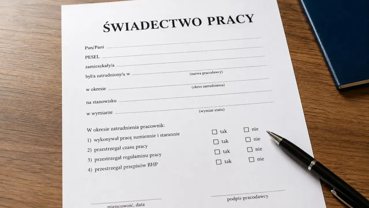 Świadectwo pracy z polami do wypełnienia, w tym okresy zatrudnienia. Długopis i notatnik sugerują formalne sprawy.