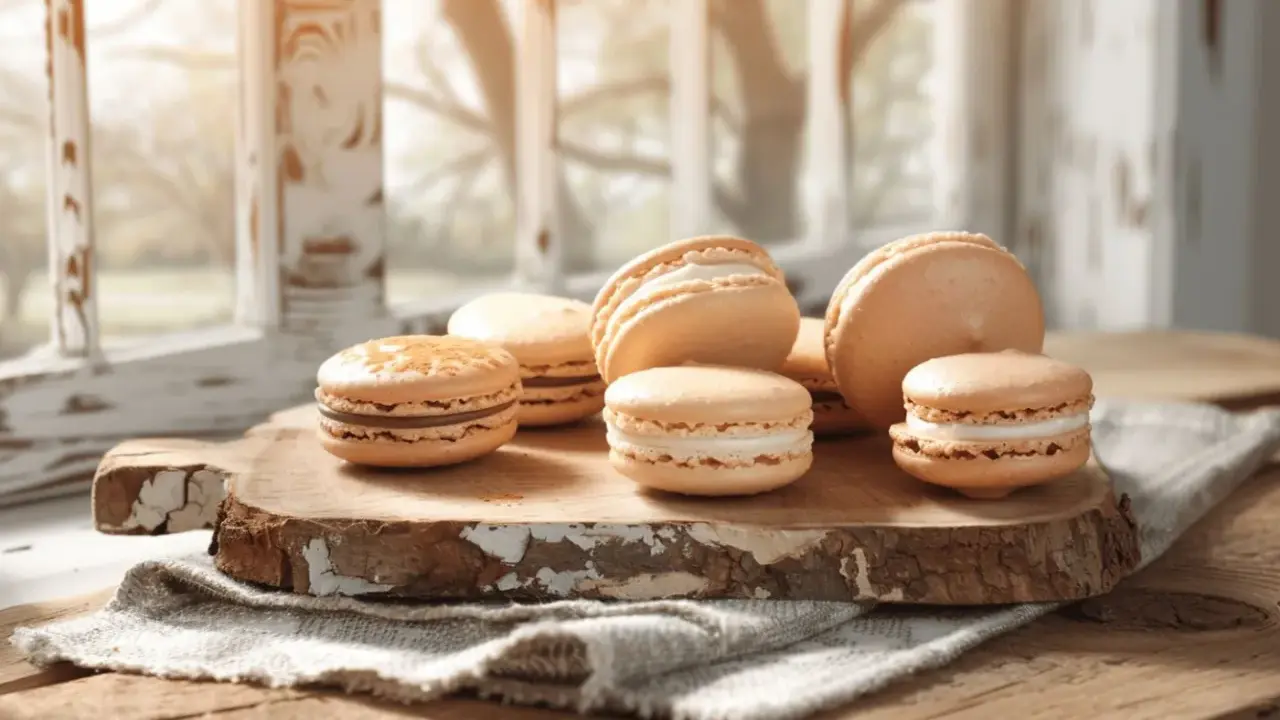 Douceurs de Pâques : des macarons aux teintes pastel, garnissent une planche en bois rustique, baignés d'une lumière douce.