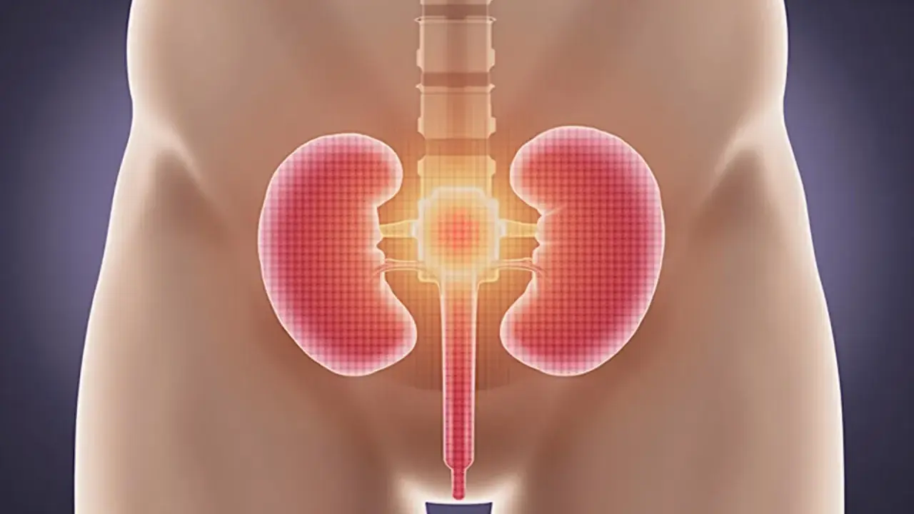 Anatomia układu moczowego z nerkami i pęcherzem. Ilustracja pokazuje, jak rozpuścić kamień w pęcherzu moczowym.