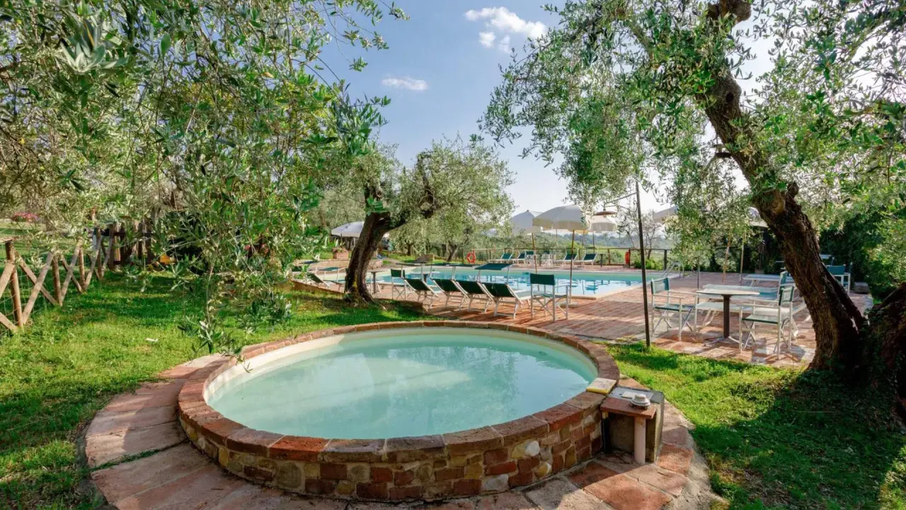 Un angolo di paradiso per dormire in fattoria con bambini: una piccola piscina circondata da ulivi, con una più grande sullo sfondo.