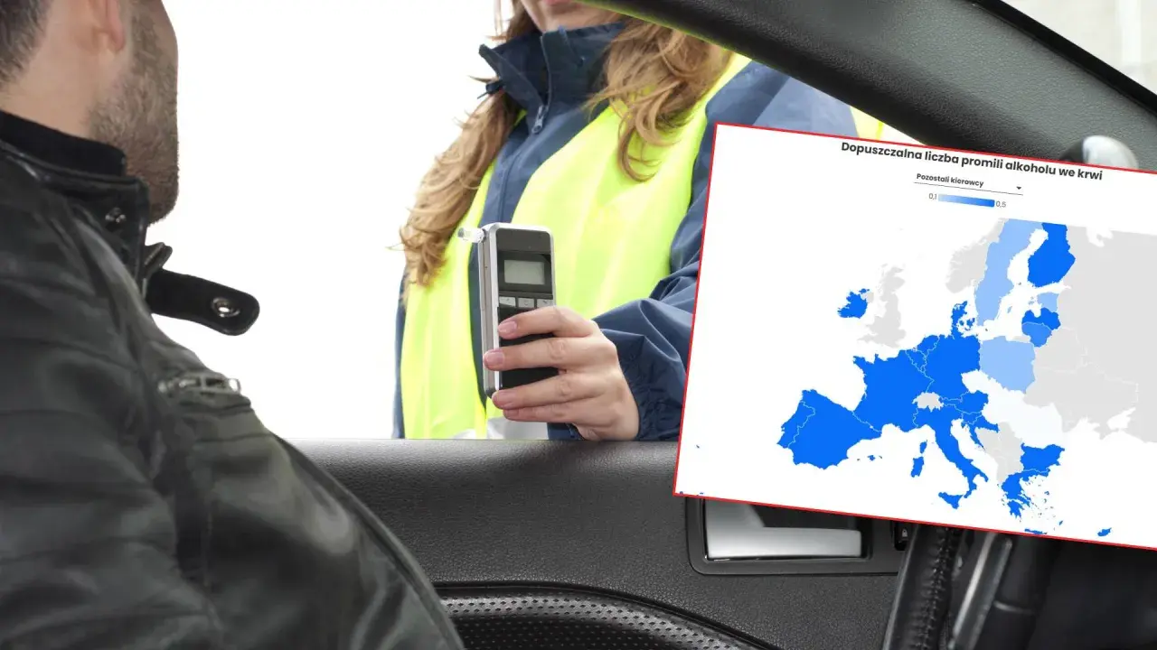 Policjantka bada kierowcę alkomatem. Obok mapa Europy z dopuszczalną normą alkoholu we krwi.
