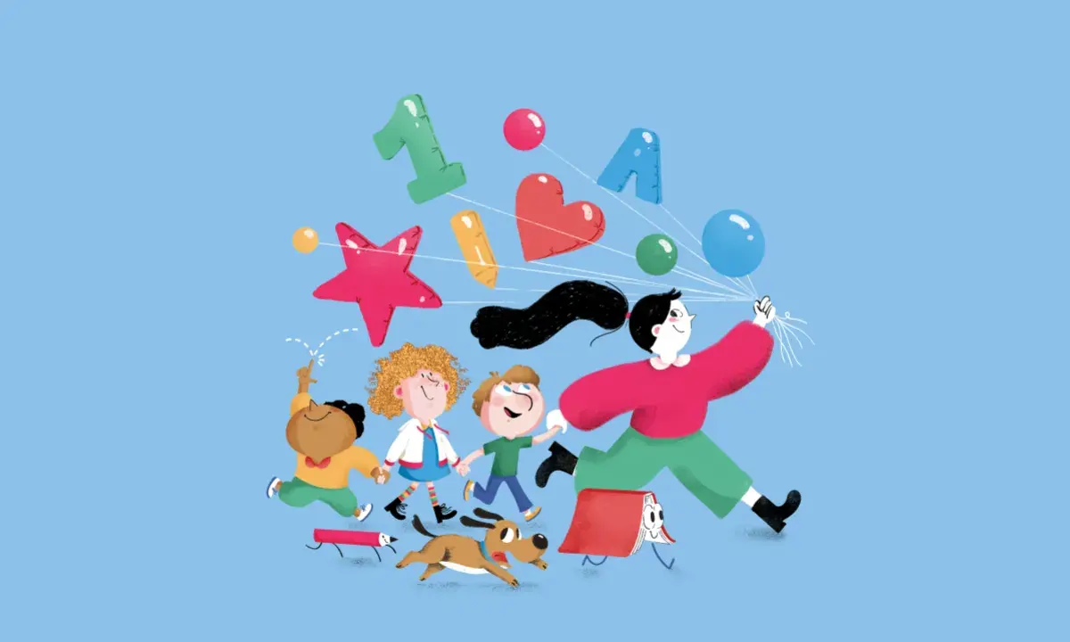 Bambini e un adulto corrono felici con palloncini e simboli di apprendimento, un'allegra rappresentazione di metodologie didattiche inclusive.