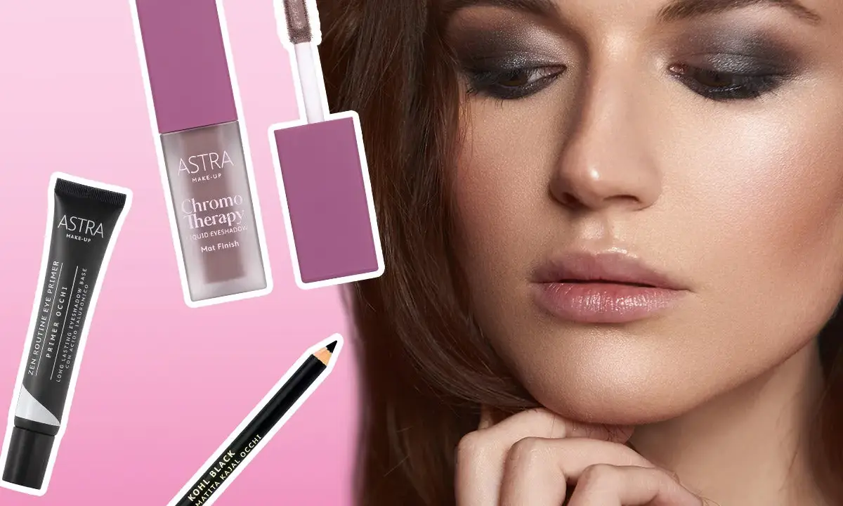 Occhi magnetici con un trucco smokey eyes intenso, valorizzati da primer, ombretto liquido e matita kajal Astra.