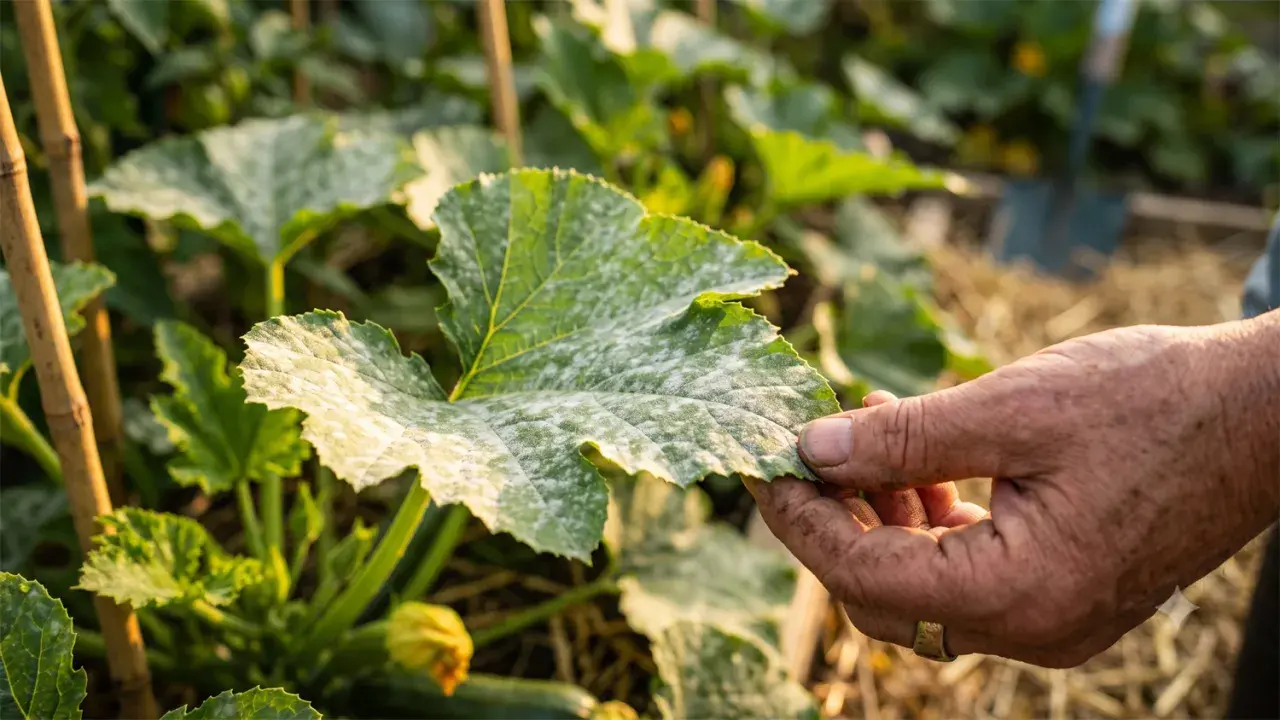 Main d'un jardinier examinant une feuille de courgette blanche couverte de mildiou.