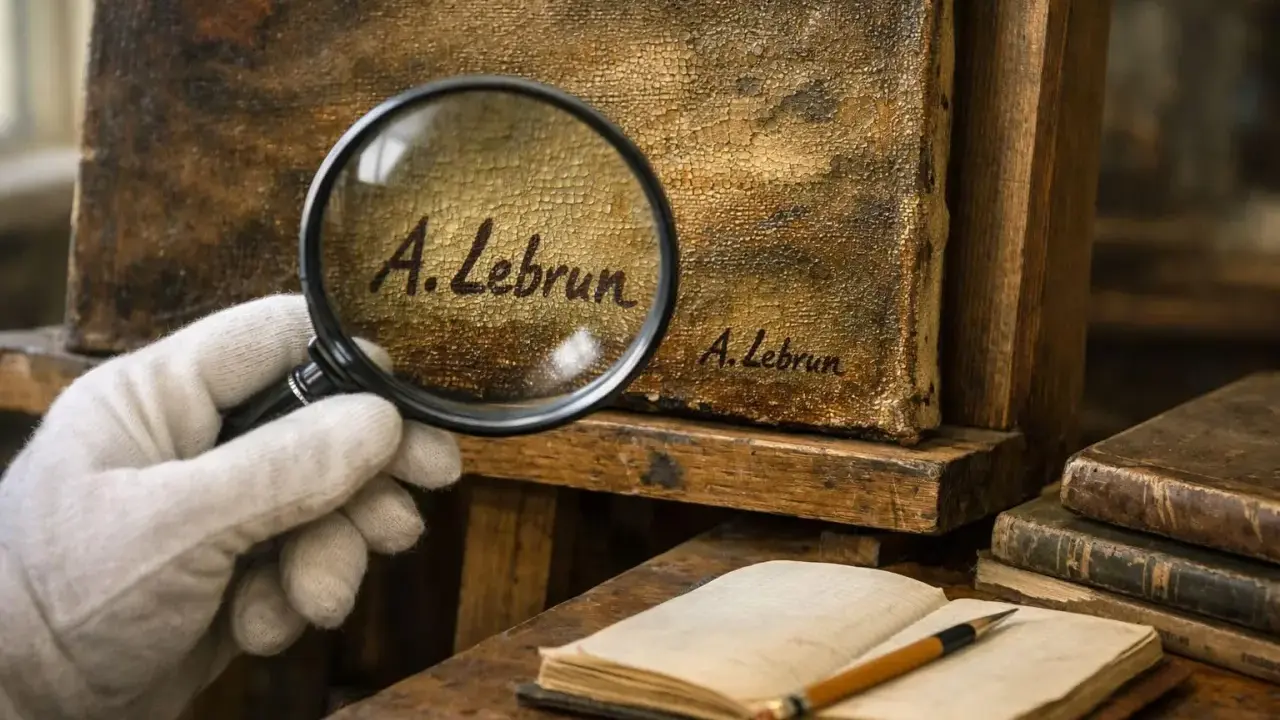 Examining a painting's signature with a magnifying glass is key to how to date a painting. The cracked texture and aged look suggest a historical piece.