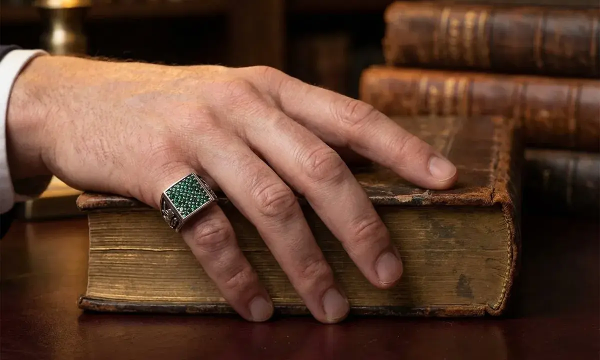 Mano con anello dal significato esoterico, con pietre verdi, appoggiata su un antico libro rilegato in pelle.