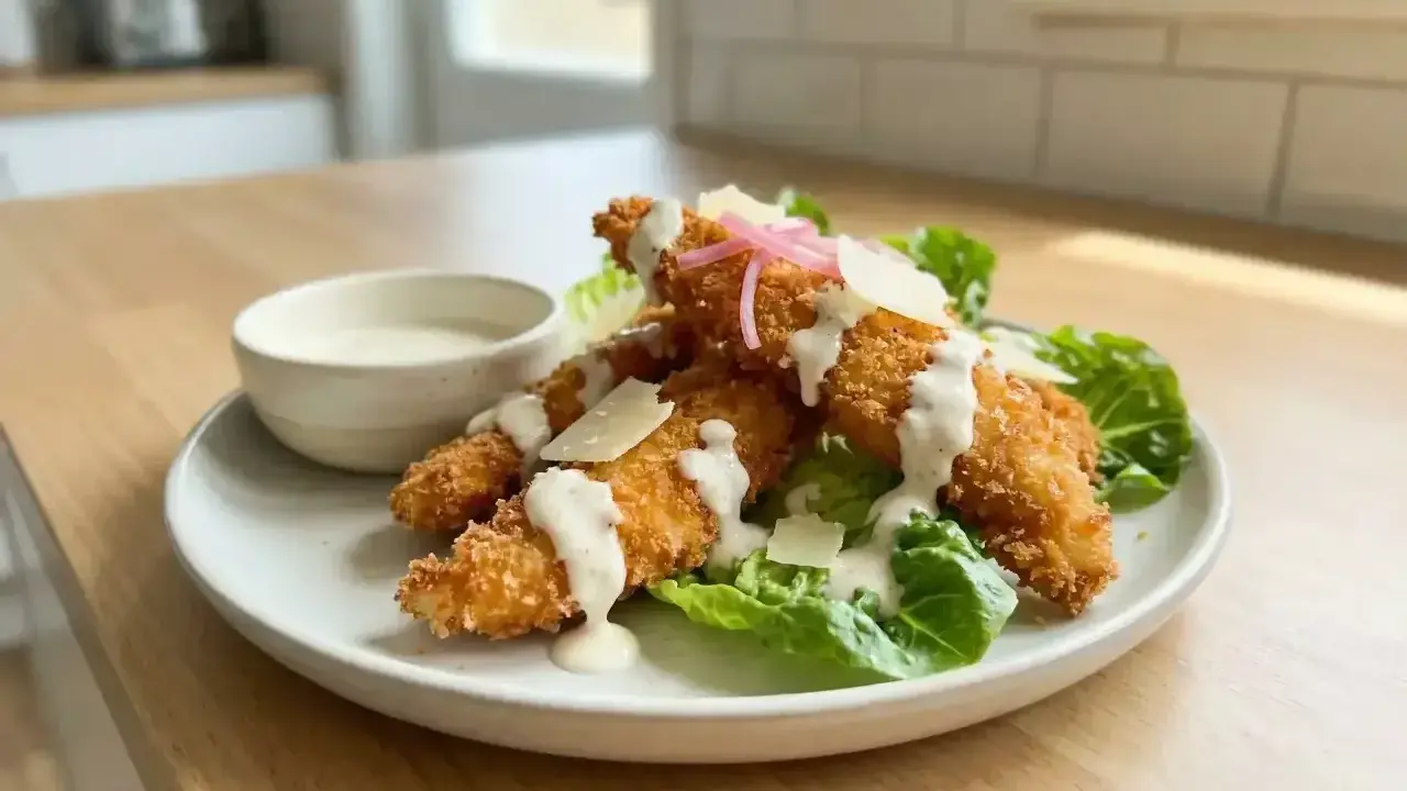 Krispiga bitar av panerad kyckling serveras på en bädd av sallad med krämig dressing och parmesan. En perfekt lunch eller middag.