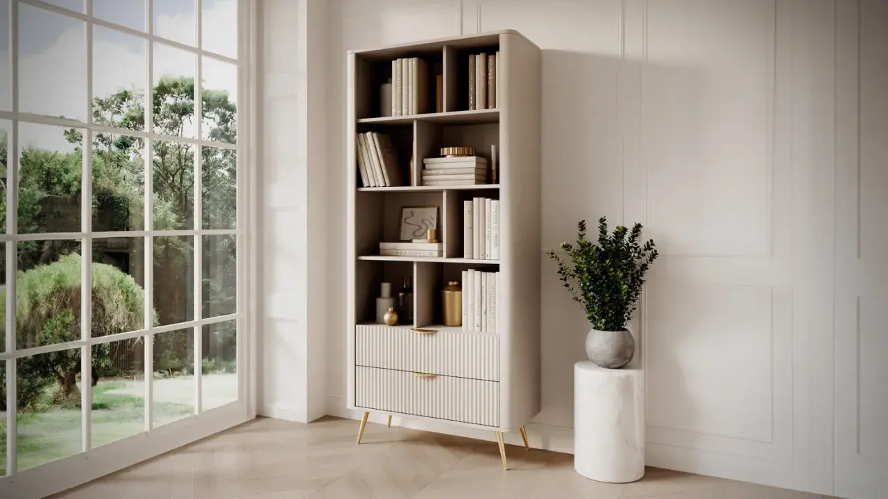 Elegante libreria pino con libros y adornos, junto a un gran ventanal con vistas a un jardín frondoso.