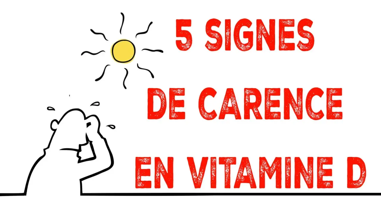 5 signes de carence en vitamine D : un soleil stylisé et une personne se tenant la tête, l'air fatigué.