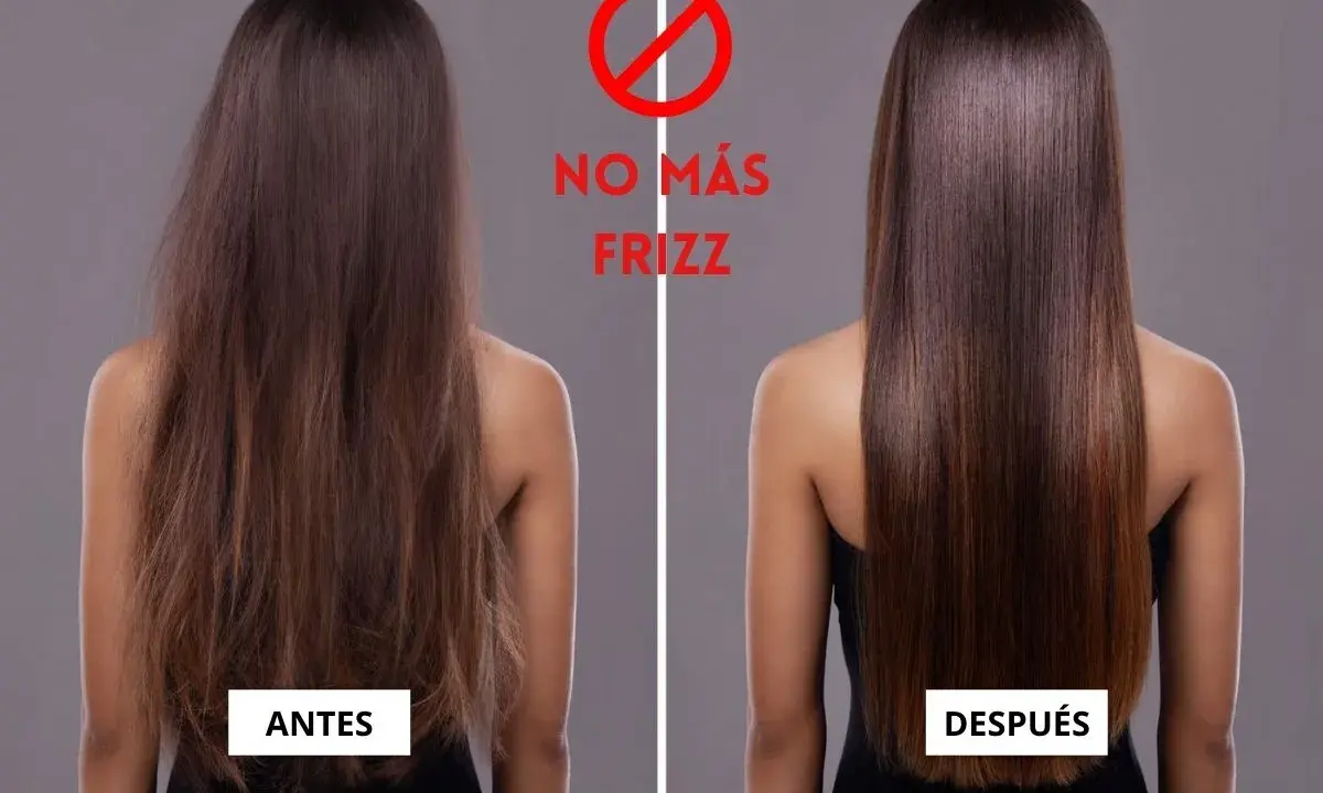 Antes y después de cómo quitar el frizz del pelo. Cabello liso y brillante.