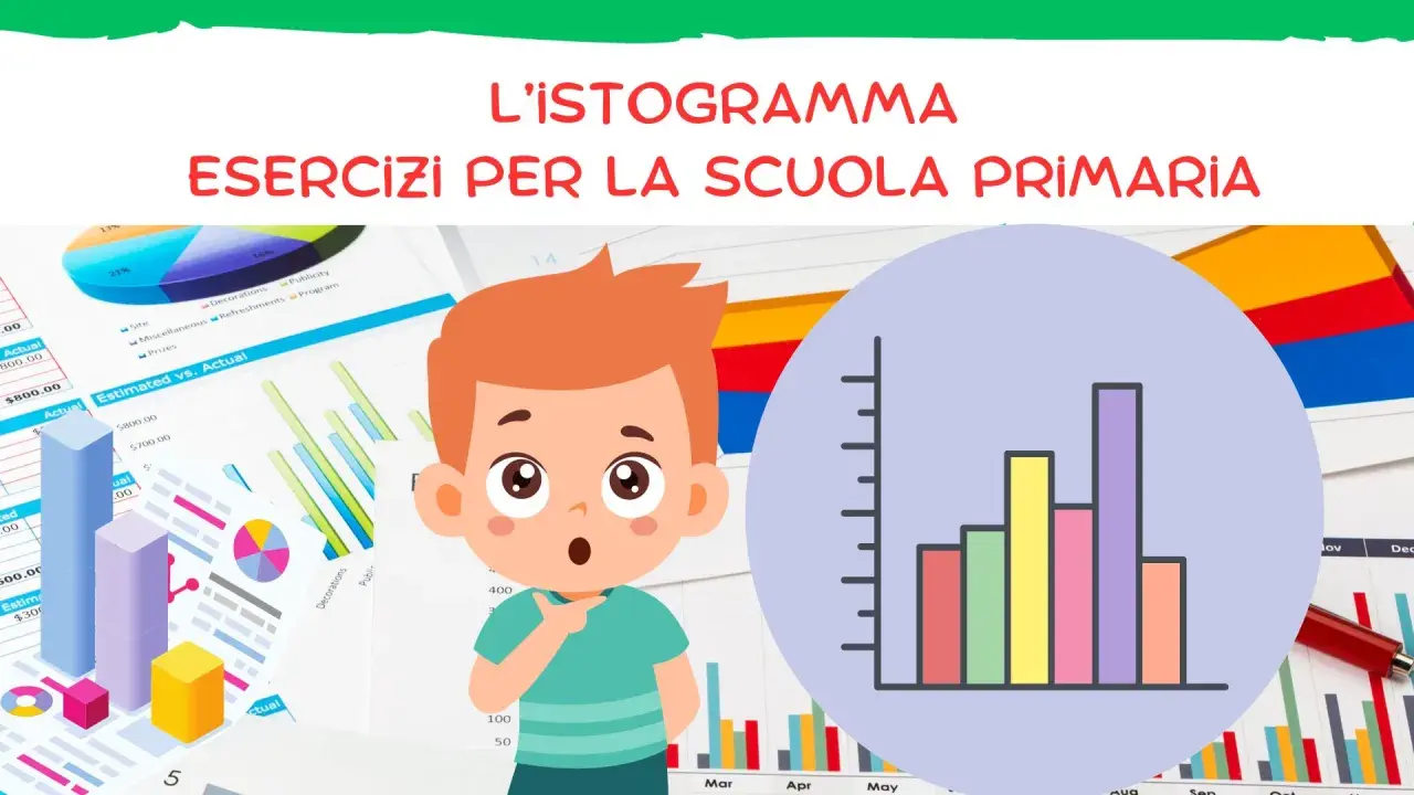 Un bambino sorpreso guarda un istogramma delle vacanze scuola primaria, con grafici e diagrammi sullo sfondo.