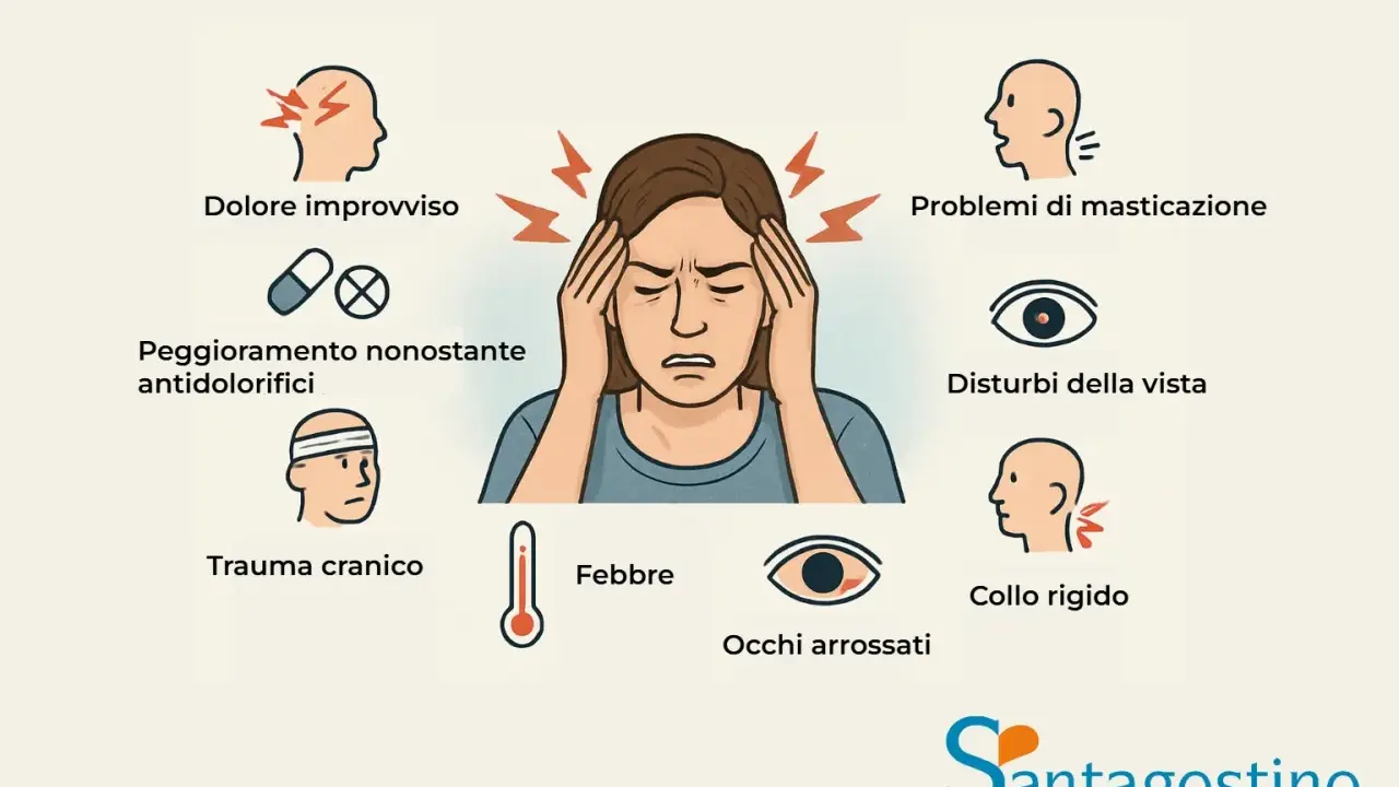 Sintomi di mal di testa nei bambini: dolore improvviso, peggioramento con antidolorifici, trauma cranico, febbre, occhi arrossati, problemi di masticazione, disturbi della vista, collo rigido.