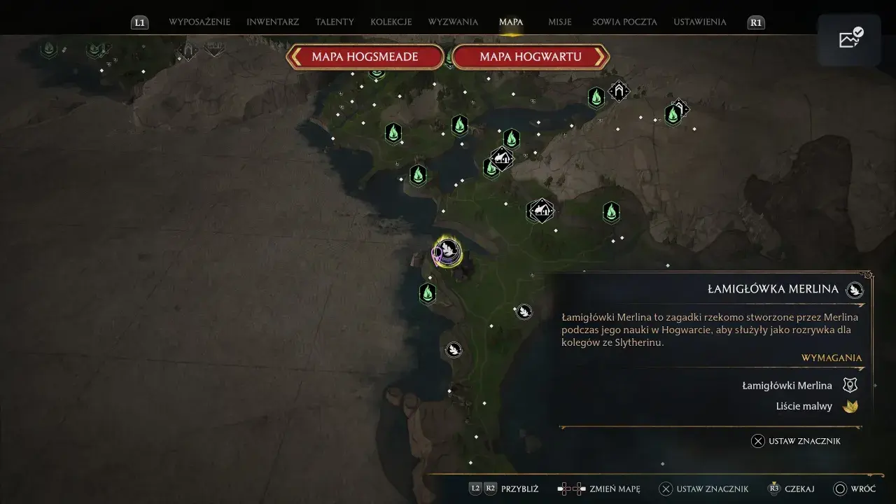 Mapa Hogwartu z zaznaczonymi zagadkami Merlina. Opis wyjaśnia, że to zadania stworzone przez Merlina.