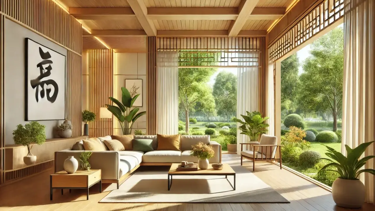 Soggiorno luminoso con divano angolare, tavolino e vista su un giardino rigoglioso, in perfetto stile feng shui.
