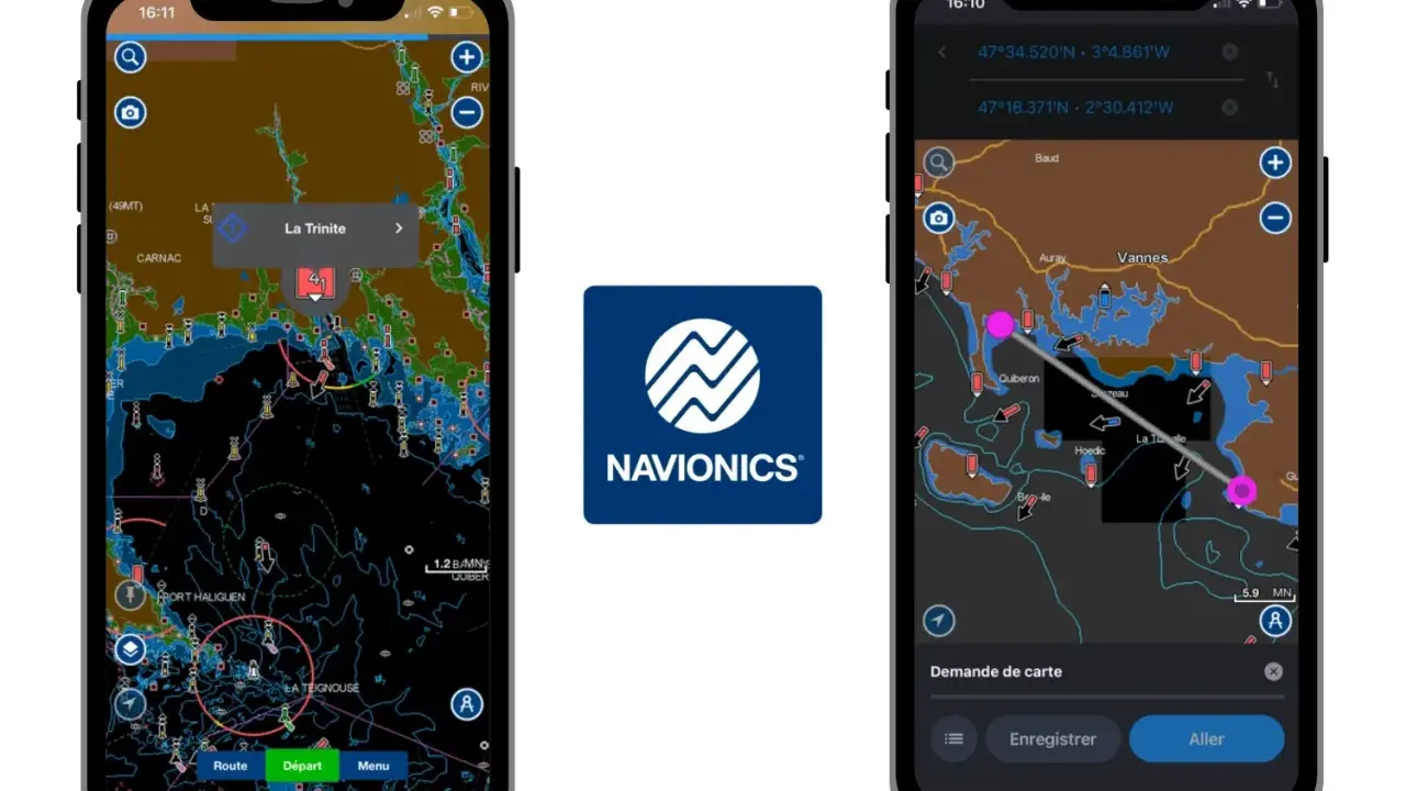 Application de navigation marine Navionics sur deux iPhones affichant des cartes nautiques détaillées.