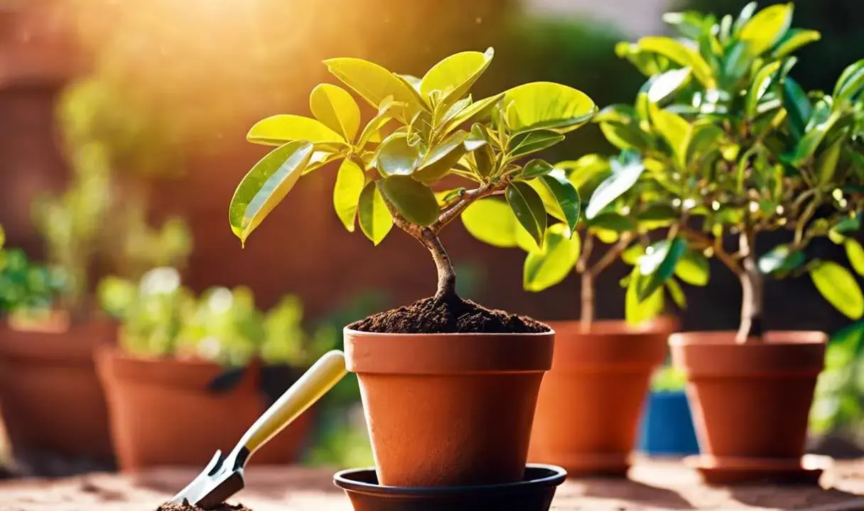 Un petit citronnier prêt à être rempoté dans son nouveau pot en terre cuite, sous un soleil radieux.