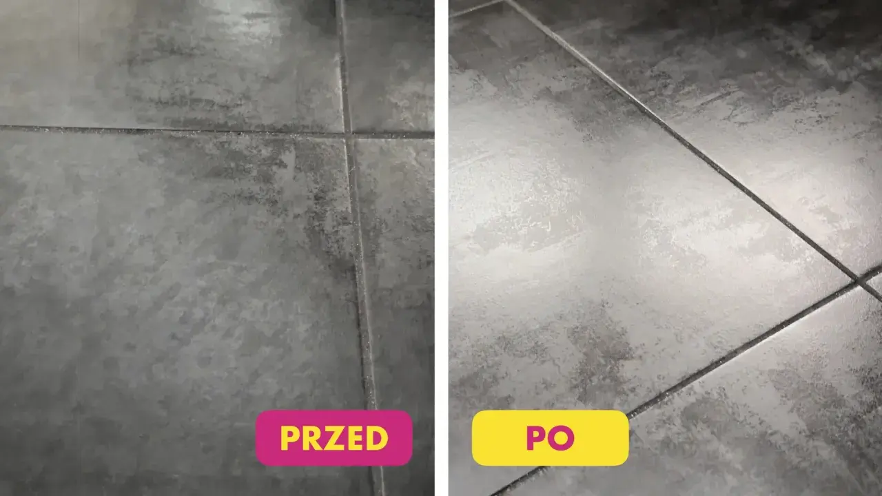 Porównanie podłogi: po lewej brudna, po prawej lśniąca po umyciu.