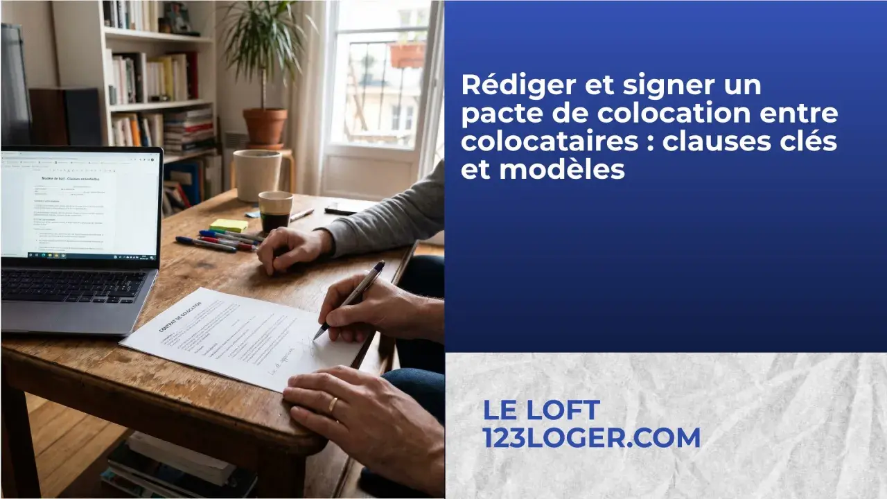 Un homme signe un contrat de colocation sur une table en bois, un ordinateur portable ouvert à côté. Le texte indique "Rédiger et signer un pacte de colocation".