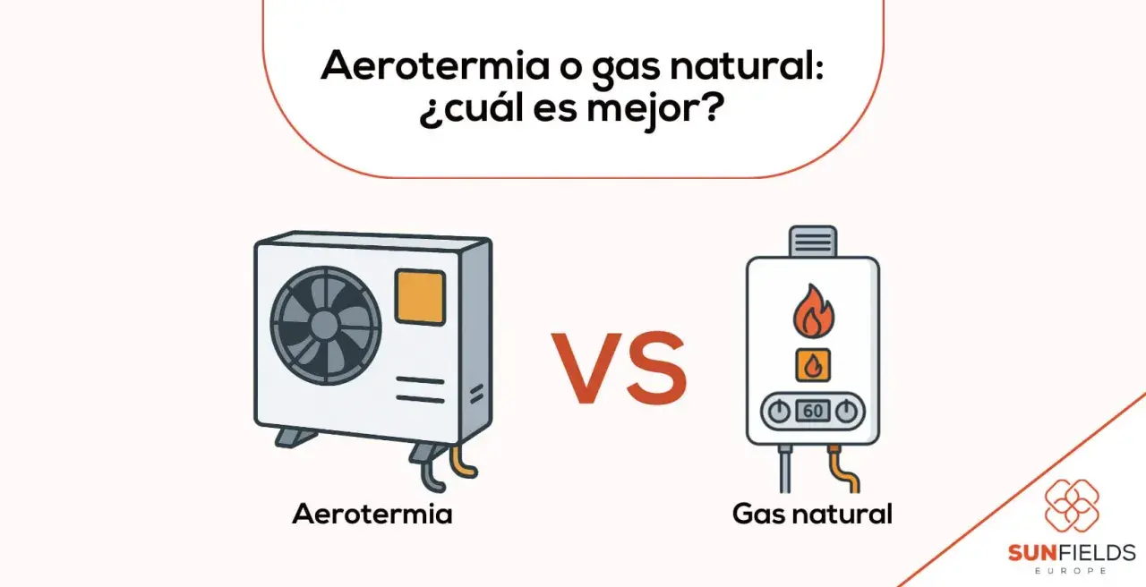 Comparativa visual de aerotermia vs gas natural, mostrando unidades exteriores e interiores. ¿Cuál es la mejor opción?