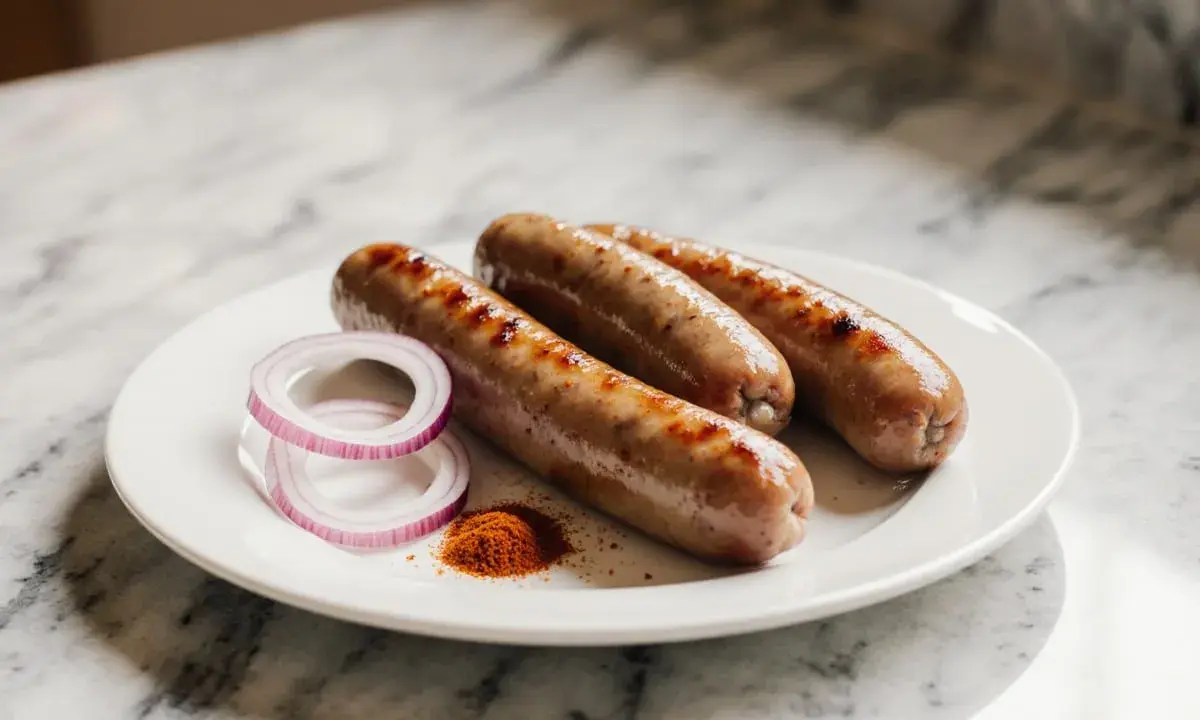 Drei goldbraune Bratwürste im Airfryer zubereitet, serviert mit roten Zwiebelringen und Paprikapulver auf einem weißen Teller.