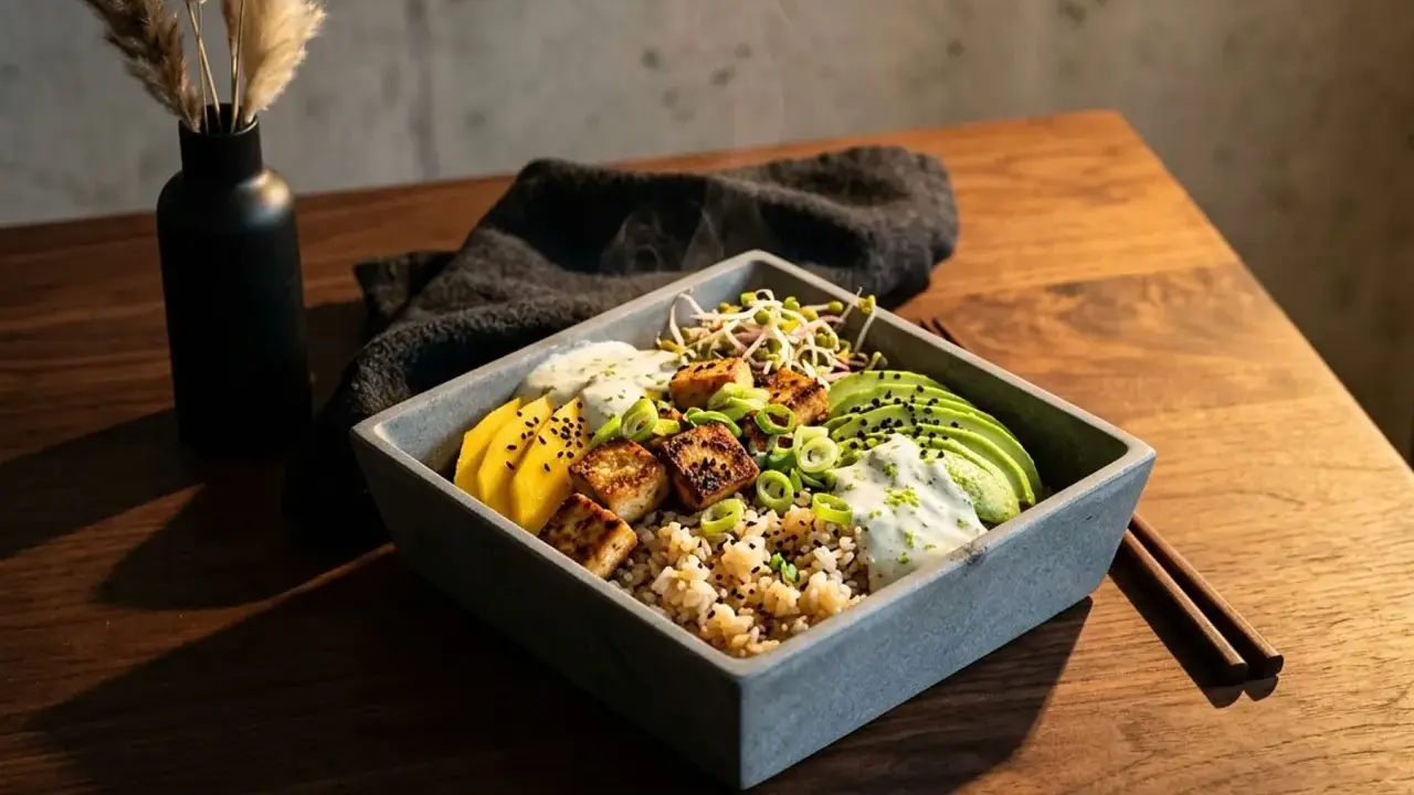 Eine köstliche vegane Sushi Bowl mit Reis, Avocado, Mango, Tofu und Sprossen.