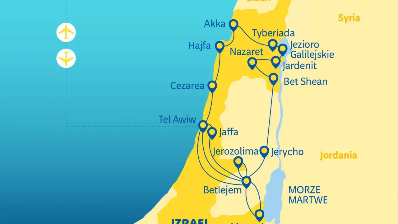 Mapa Izraela z zaznaczoną trasą podróży i lotniskami.