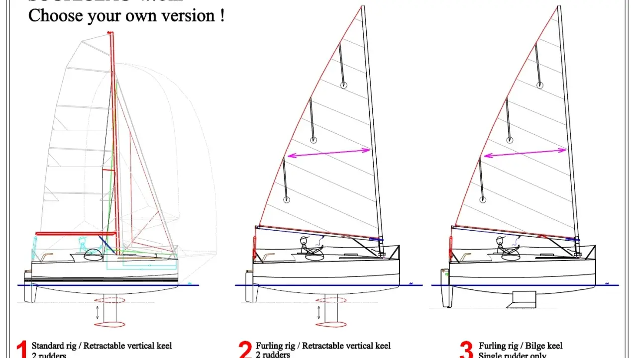 Trois versions du voilier Souriceau 4.75m : standard, dériveur rétractable, ou quille en V.