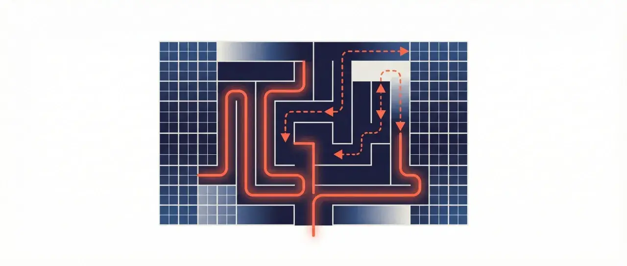 Un labyrinthe complexe avec une ligne orange lumineuse traversant les panneaux solaires. La sortie est loin s'en faut.
