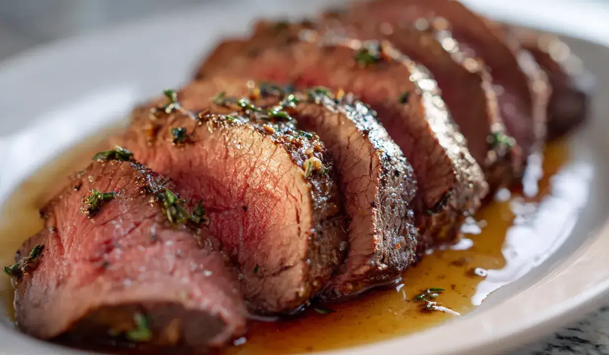 Skivat, saftigt entrecôte-recept med örter och en härlig sky. Perfekt för en fin middag.