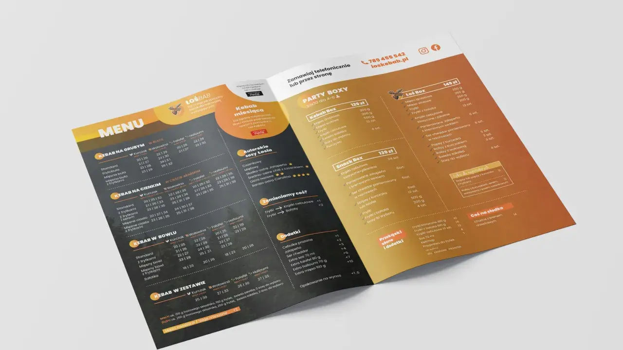 Materiały promocyjne przykłady: menu z ofertą kebabów, boxów i dodatków.