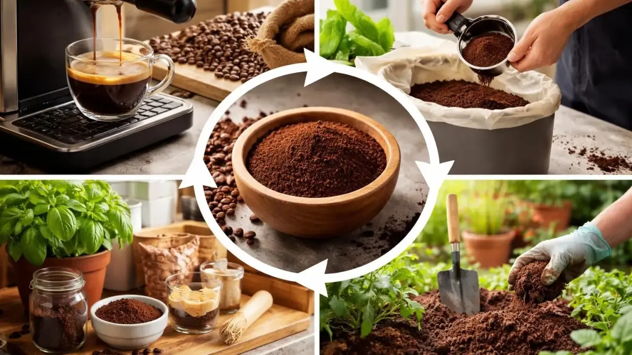 Cycle de vie du marc de café : de l'espresso à l'engrais pour plantes, en passant par le compostage. Le marc de café escargot nourrit la terre.