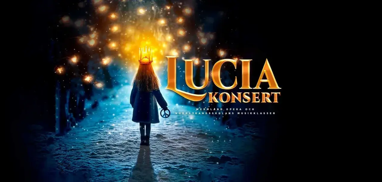 En flicka med ljuskrona går genom en snöig skog mot en "Lucia konsert".