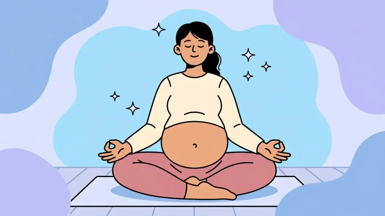 Mujer embarazada meditando en posición de loto. El ejercicio durante el embarazo promueve la calma y el bienestar.