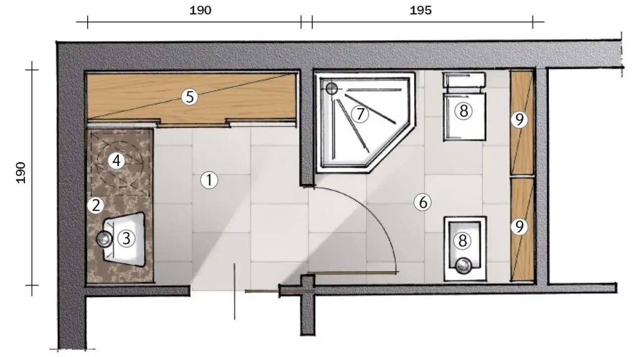 Progetto di un bagno con antibagno senza porta. Include lavabo, doccia, WC e lavatrice.