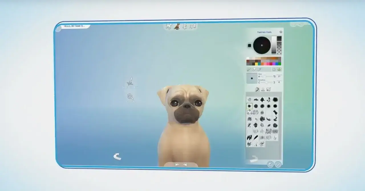 Tworzenie własnego mopsa w The Sims 4. Interfejs gry pozwala na szczegółowe modyfikacje, jak kod na sterowanie zwierzakami w The Sims 4.