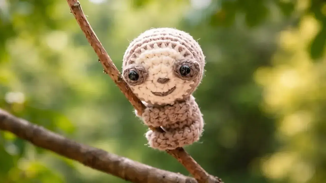 Adorable perezoso amigurumi de crochet, con grandes ojos y una sonrisa, aferrado a una rama.