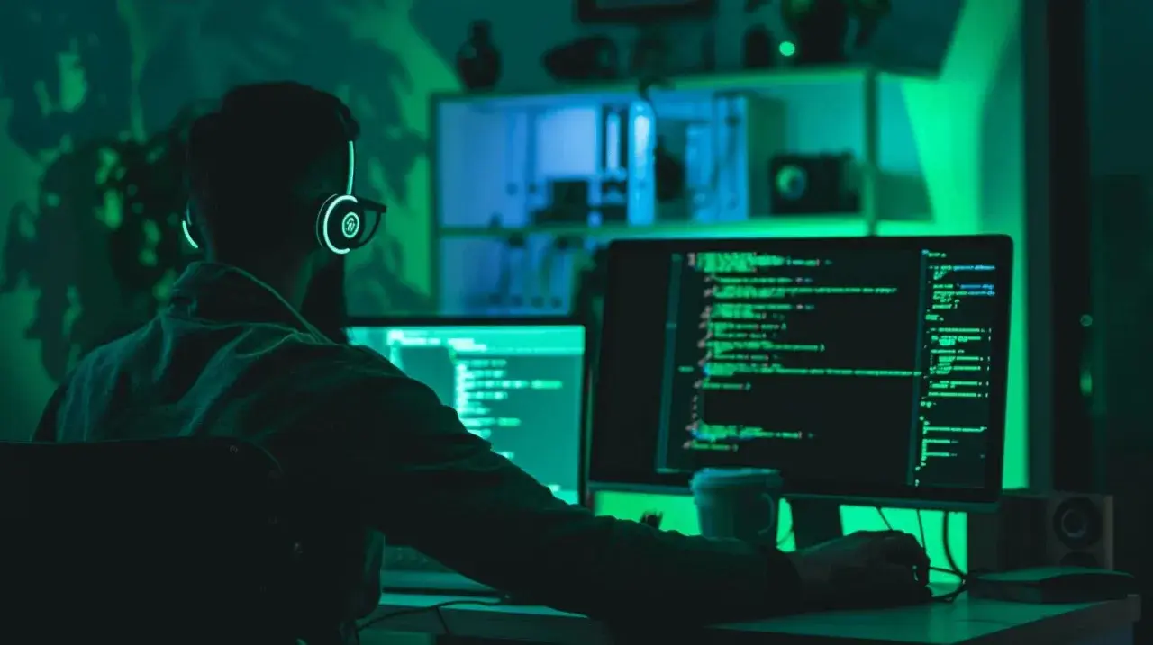 Programista w słuchawkach z podświetleniem pracuje nad kodem na dwóch monitorach. To jego kolejny przypadek testowy.