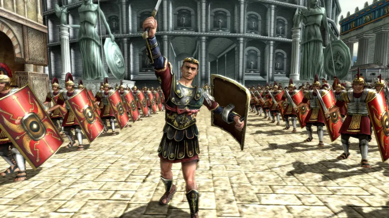 Rzymski legionista z mieczem wzniesionym ku górze, symbolizujący potęgę i upadek imperium. W tle kolumnada i żołnierze.