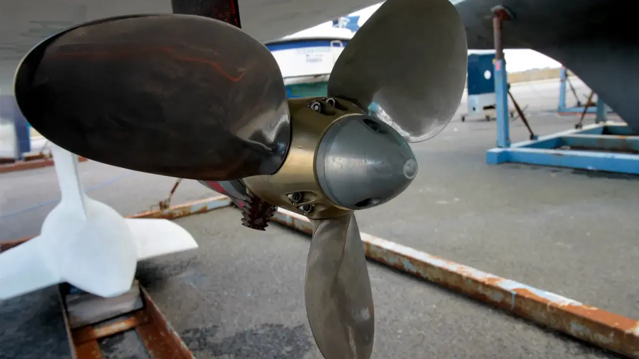 Gros plan sur l'hélice d'un bateau, prête pour son nettoyage. Une autre hélice blanche est visible à gauche.