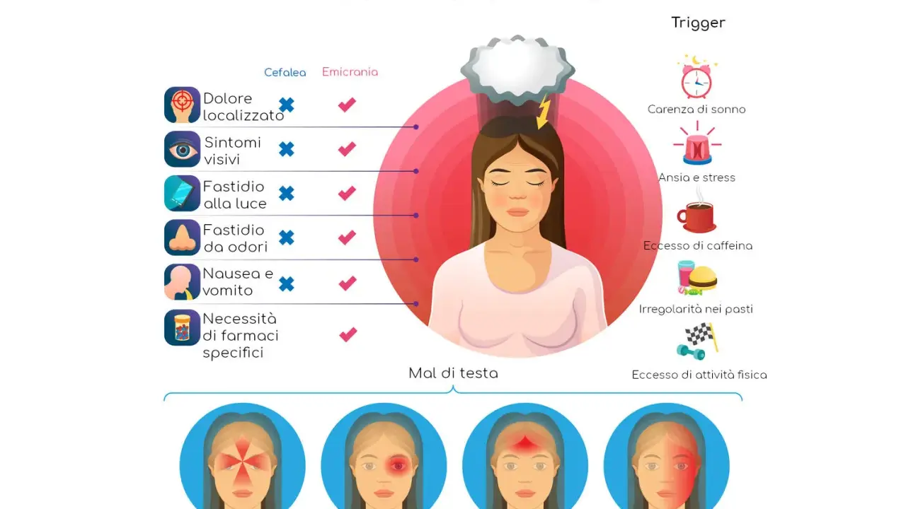Le **emicrania cause** includono dolore localizzato, sintomi visivi, fastidio a luce/odori, nausea, vomito e necessità di farmaci specifici.