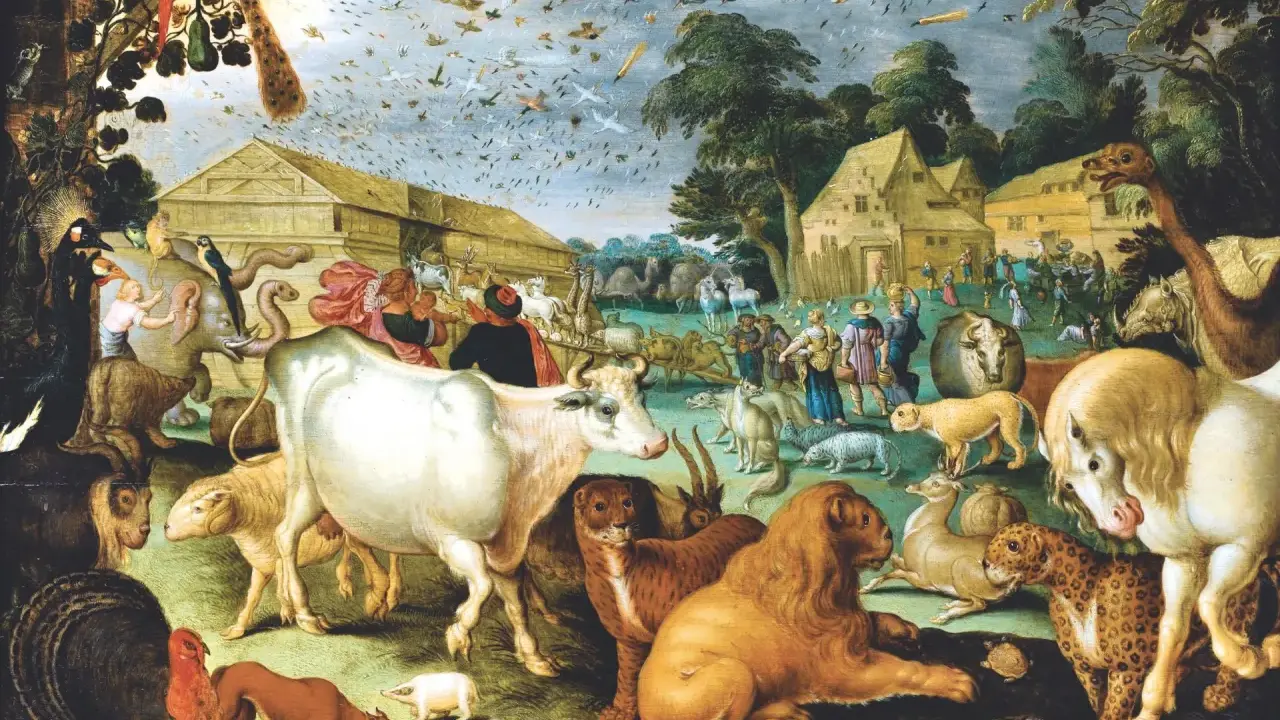 Noah's ark, ein antiker dreiruderer, füllt sich mit Tieren aller Art, während Menschen sie an Bord führen. Vögel schwärmen am Himmel.