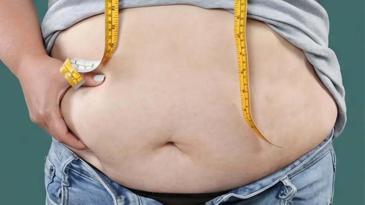 Maßband um den Bauch, um das Ziel, bauchfett reduzieren, zu visualisieren.