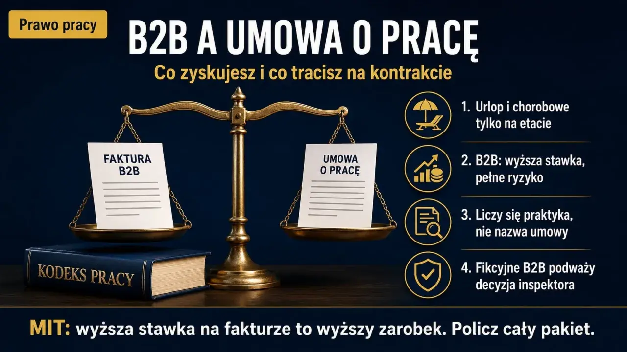 Waga porównuje fakturę B2B z umową o pracę. Prawo pracy wyjaśnia, co zyskujesz i tracisz na kontrakcie.